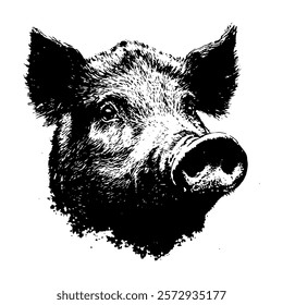 bold black and white vector illustration of a wild boar’s head, showcasing its rugged features and strong presence with intricate textures and shading.