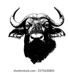 bold black and white vector illustration of a buffalo head, emphasizing its powerful horns and rugged texture with intricate detailing.
