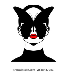 Bold black and white vector illustration of a woman's face merging with a butterfly. Striking surreal and gothic artwork with red lips. Perfect for tattoo designs, prints, stickers,and fashion project