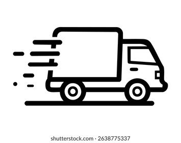 A bold, black and white vector illustration of a delivery truck speeding, ideal for websites, apps, and presentations needing a fast delivery icon.