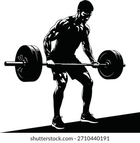 Atrevida Ilustración vectorial en blanco y negro de un hombre fuerte levantando una barra. Aislado sobre fondo blanco.