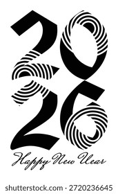 Bold black and white vector illustration of the year 2026 with a festive Happy New Year message. Perfect for holiday greetings and celebratory designs.