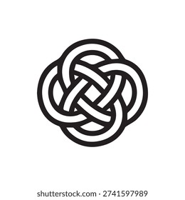 A bold, black and white vector illustration of a traditional Celtic endless knot. The symmetrical design symbolizes infinity and interconnectedness.