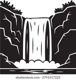 A bold black and white vector illustration of a powerful waterfall cascading between rugged cliffs and rocks.