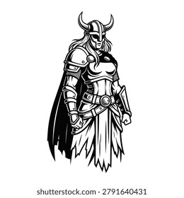 Bold black and white vector illustration of a powerful female viking warrior. Ideal for gaming logos, sports mascots, and fantasy themed apparel designs.