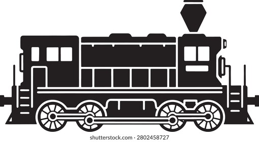 A bold black and white vector illustration of a classic steam locomotive train with detailed wheels and a prominent smokestack, ideal for retro or industrial-themed projects.