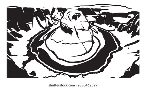 bold black and white vector illustration of horseshoe bend canyon river in arizona with graphic shapes and sharp lines for design and branding