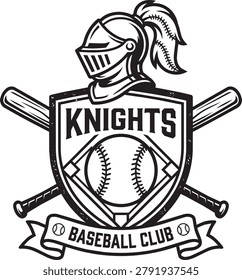 A bold black and white vector logo featuring a knight helmet with a plume, crossed baseball bats, and a baseball inside a shield. The design represents a baseball club named Knights, emphasizing a unique and thematic sports team identity. Perfect for club branding, merchandise, or sports-related projects.