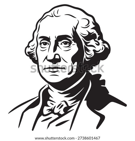 Bold black and white vector portrait of George Washington, featuring his distinguished powdered wig and colonial attire.