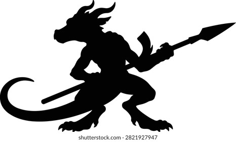A bold black and white vector silhouette showing a crouching reptilian warrior or dragon creature holding a spear, perfect for fantasy role-playing games and creative design projects.