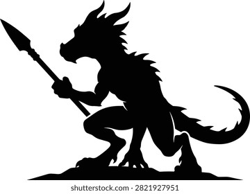 A bold black and white vector silhouette showing a crouching reptilian warrior or dragon creature holding a spear, perfect for fantasy role-playing games and creative design projects.