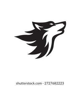 Cabeça de lobo preto e branco negrito em perfil com chama afiada como linhas que transmitem força e liderança