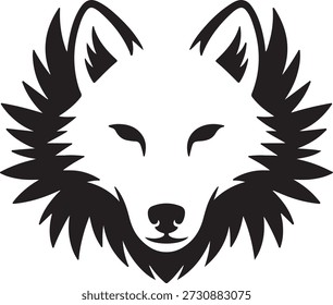 Negrito preto e branco cabeça de lobo gráfico, com foco em olhos intensos e características afiadas, incorporando força e natureza selvagem.