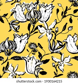 Bold black, white and yellow seamless vector floral pattern with Tulip tree flowers, exotic tropical flower. Hand drawing, sketchy style.