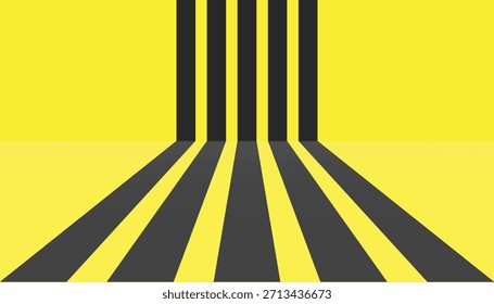 Bold black and yellow design. Parallel lines narrow toward the top creating strong one-point perspective. A classic hazard warning or abstract art style.