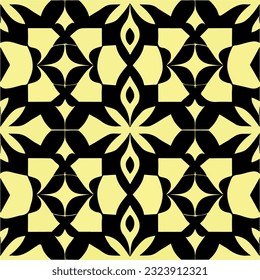 Bold black and yellow patterned tilework against black background, complemented by intricate fractal muqarnas, creating repeating fabric pattern.