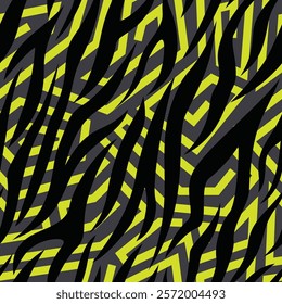 Bold black zebra pattern flow over a vibrant neon green geometric background, creating a dynamic and energetic abstract print. The sharp lines and contrasting colors evoke a sense of modern energy.