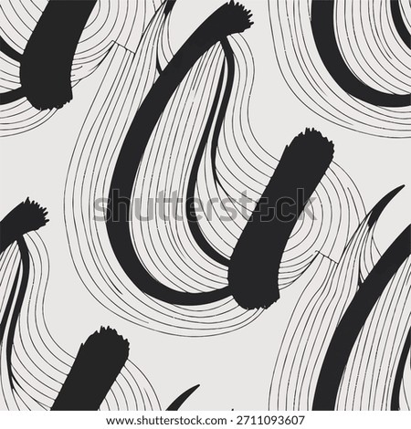 A bold black-and-white abstract background featuring expressive brushstroke shapes combined with flowing linear textures. The dynamic ink-inspired pattern showcases curved lines, calligraphic movement