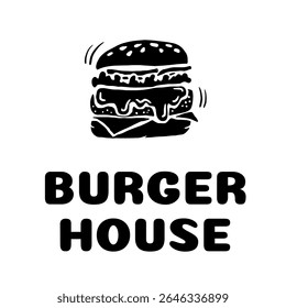 Bold black-and-white burger logo with text “BURGER HOUSE,” ideal for restaurant branding, menu design, food delivery, or fast-food packaging. Silhouette icon