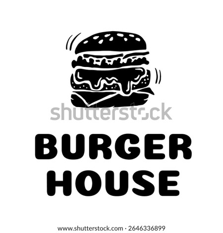 Bold black-and-white burger logo with text “BURGER HOUSE,” ideal for restaurant branding, menu design, food delivery, or fast-food packaging. Silhouette icon