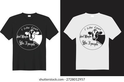 Um design circular preto-e-branco arrojado com uma curiosa ilustração de vaca emparelhada com a frase humorística