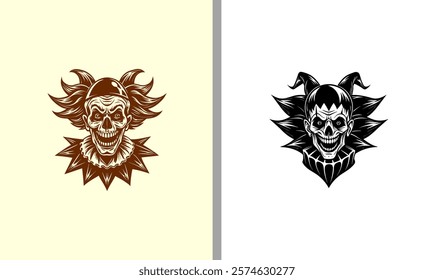 Bold black-and-white clown skull illustration, blending eerie details with a dark, mischievous vibe