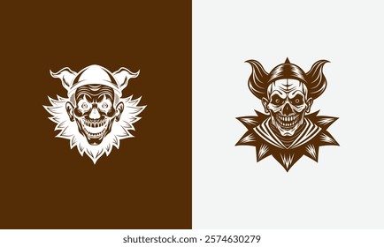 Bold black-and-white clown skull illustration, blending eerie details with a dark, mischievous vibe