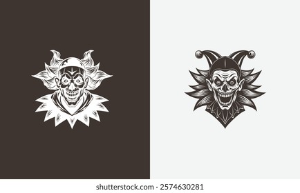 Bold black-and-white clown skull illustration, blending eerie details with a dark, mischievous vibe