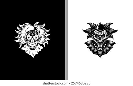 Bold black-and-white clown skull illustration, blending eerie details with a dark, mischievous vibe