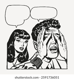 A bold, black-and-white comic-style illustration of a distressed man covering his face while a woman speaks, with empty speech bubbles for customization.