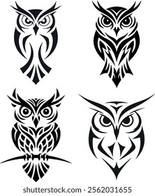 A bold, black-and-white depiction of an owl featuring sharp, tribal-inspired patterns. The symmetrical design highlights the owl's piercing eyes and abstract feathers, blending wisdom 