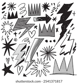 Uma coleção de rabiscos em preto-e-branco arrojados com raios, estrelas e várias formas abstratas com efeito de Meio-Tom para textura.