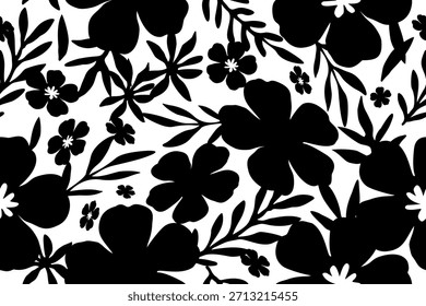 Un audaz patrón floral sin fisuras en blanco y negro con Grandes flores, Pequeñas flores y ramas frondosas, creando un llamativo diseño botánico moderno y elegante.