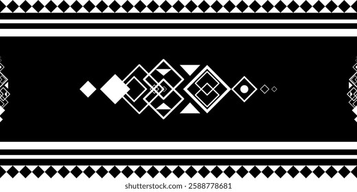 A bold black-and-white geometric ethnic border design,symmetrical and abstract tribal-inspired artwork is ideal for textile prints, digital backgrounds,decorative frames,cultural design projects.