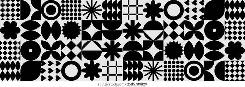 A bold black-and-white geometric pattern set with dynamic shapes, including circles, stars, and squares. Ideal for modern designs, backgrounds, and abstract visuals.