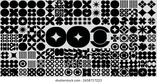 A bold black-and-white geometric pattern set with dynamic shapes, including