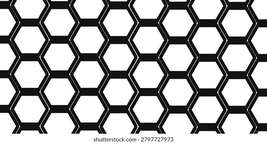 Bold black-and-white hexagon honeycomb pattern creating a seamless geometric background. Modern, minimal tile design ideal for texture overlays, packaging, web backgrounds, architecture visuals, and abstract graphic projects.


