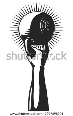 A bold black-and-white illustration of a hand lifting a 20-kilogram kettlebell with radiating sunburst lines behind it. The design has strong contrast, engraved-style shading.