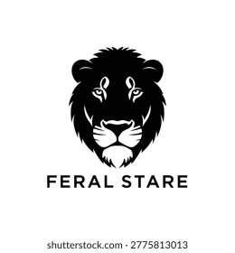 Bold black-and-white lion head logo with a fierce stare, stylized mane and clean lines. Ideal for wildlife brands, sports teams, security companies, and premium identities.