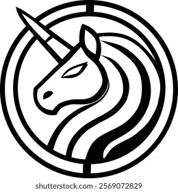 Bold black-and-white unicorn logo within a circular frame, featuring a sleek design and flowing mane. Ideal for fantasy themes, branding, or minimalist artwork with a magical touch