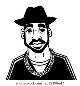 Negrito vetor preto-e-branco de um rapper hip-hop clássico usando um chapéu e uma corrente de ouro. Perfeito para arte urbana, projetos de música, moda, capas de álbuns e projetos de roupas de rua. Vibe retrô com linhas limpas,