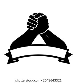 Bold black-and-white vector illustration depicting two muscular arms locked in an intense arm wrestling match logo