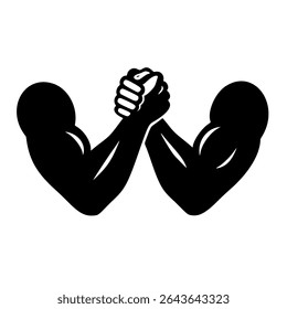 Bold black-and-white vector illustration depicting two muscular arms locked in an intense arm wrestling match