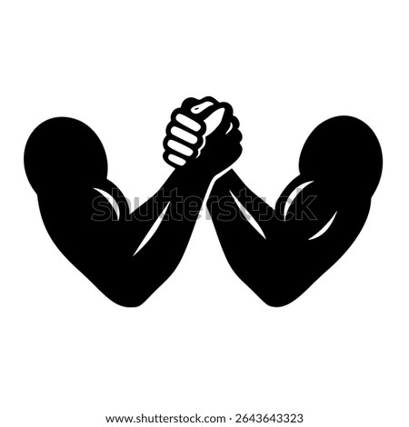 Bold black-and-white vector illustration depicting two muscular arms locked in an intense arm wrestling match