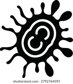 A bold, black-and-white vector silhouette of a microscopic germ, bacterium, or amoeba cell, featuring an irregular amoeboid body surrounded by fluid-like splattered projections and wavy flagella, with a stylized dual-lobed internal nucleus.