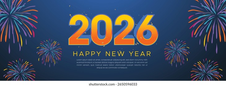 Bold Blue 2026 Celebration Banner with Fireworks and Yellow Typography for Festive Greetings