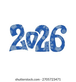 Bold blue "2026" numbers with a white snowflake pattern inside. Modern New Year vector symbol or template for Christmas decor, winter greeting cards, posters, print, and digital projects.