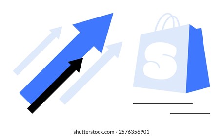 Bold blue and black arrows pointing upward indicating growth next to a light blue shopping bag with a S logo on it Ideal for business growth e-commerce online shopping marketing and success. Simple