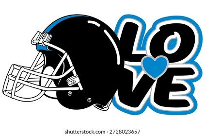 Fette, blaue, schwarze und silberne Graffiti-Schriftzüge bilden das Wort "LIEBE". Im Zentrum steht ein pulsierendes Herz und daneben ein Fußballhelm. Ein dynamischer Street Art Vektor mit sportlichem Flair