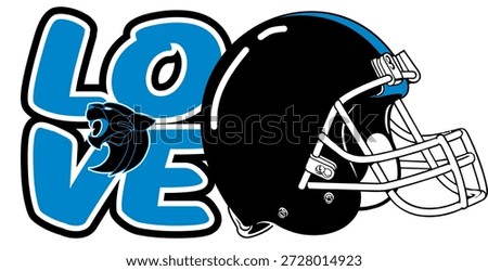 Bold, blue, black, and silver graffiti lettering forms the word ‘LOVE’. A vibrant Panther is at the centre, and a football helmet is beside it. A dynamic street art vector with sporty flair